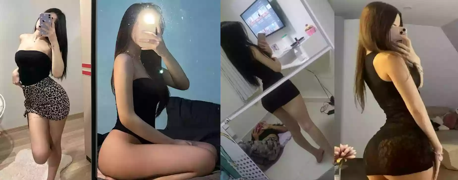 Collage of four mirror selfies showing a woman modeling different black outfits (leopard-print shorts with a black top; strapless black bodysuit; black dress).