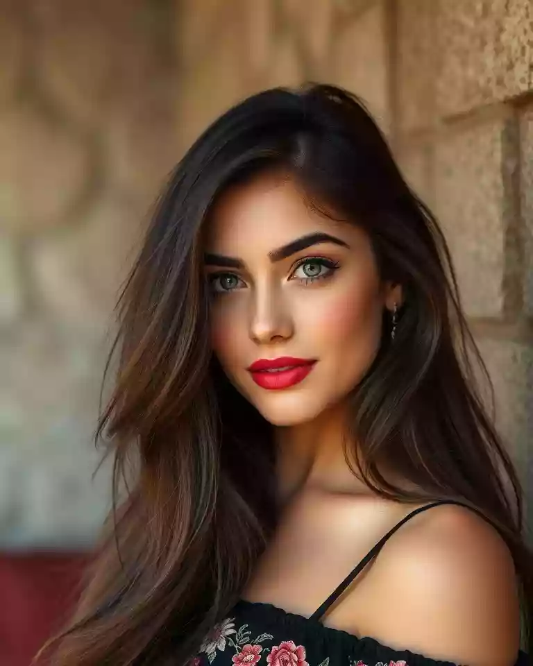 Woman with long dark hair, green eyes, bold red lips, wearing a black off-shoulder top with floral embroidery.