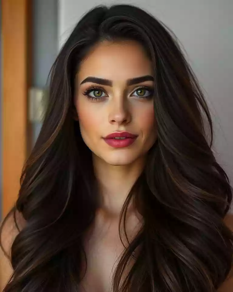 Portrait of a woman with long dark hair and green eyes, wearing pink lipstick, looking at the camera.