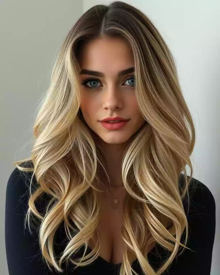 Portrait of a woman with long wavy blonde hair and blue eyes wearing a black top, looking at the camera.