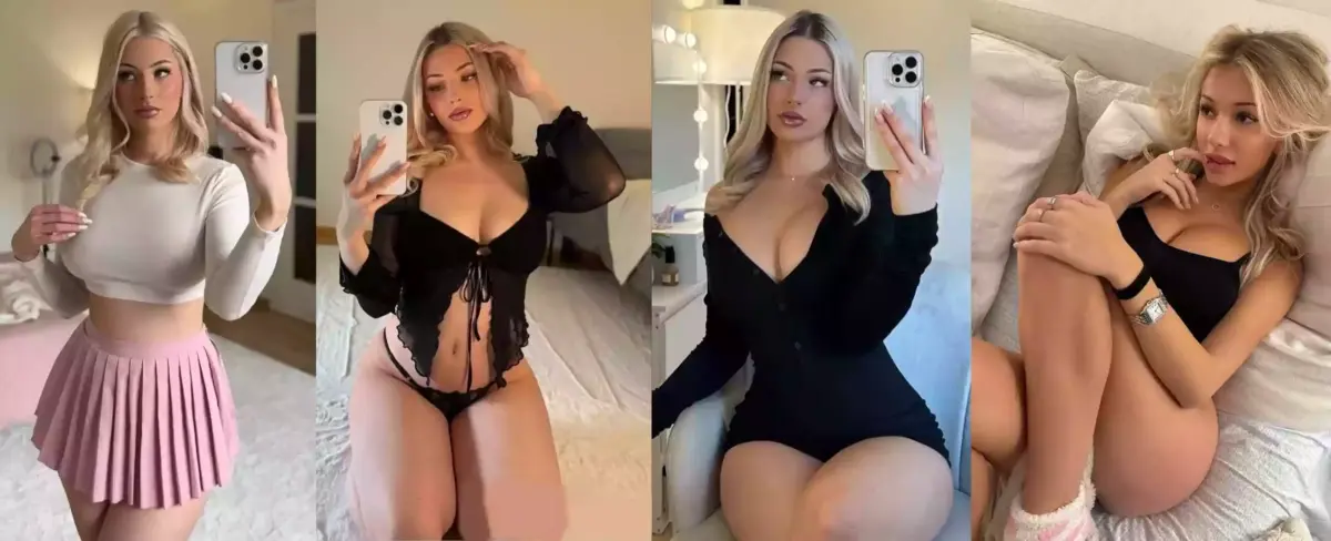 Collage of a woman posing in four outfits: white long-sleeve crop top with a pink pleated skirt, black lace lingerie set, black long-sleeve dress with deep neckline, and a black tank top lounging on a bed.