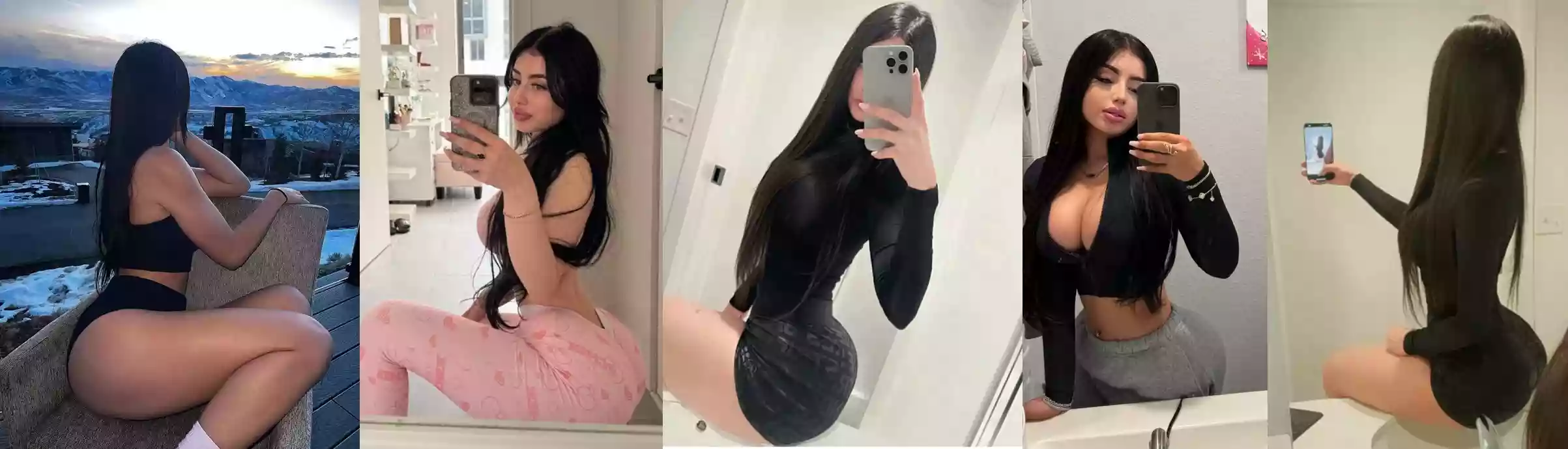 Collage of a woman taking mirror selfies in five outfits—from outdoor sunset in a black bikini to pink leggings, a black bodycon dress, and casual black top with gray shorts.