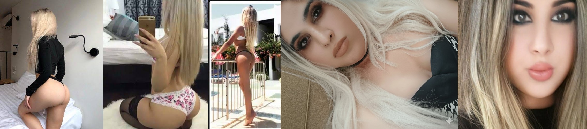 Collage of a blonde woman posing in lingerie and swimwear in different settings.
