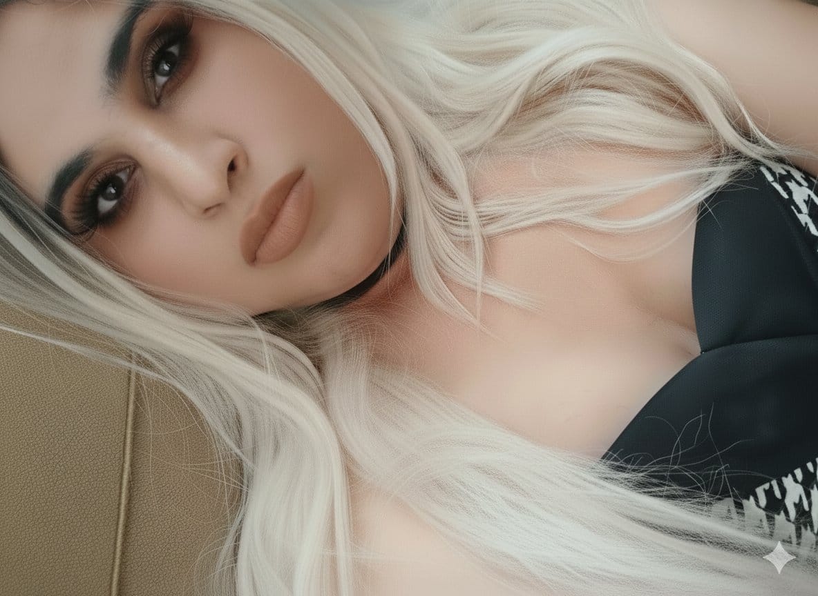 Portrait of a woman with platinum blonde hair and nude lipstick, wearing a black top, posed in a car seat background? (informative portrait)