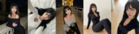 Collage of a woman with dark hair posing in five outfits, shown in urban and indoor settings.