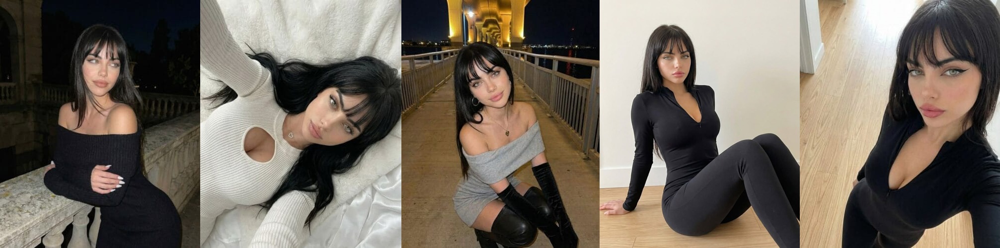 Collage of a woman with dark hair posing in five outfits, shown in urban and indoor settings.