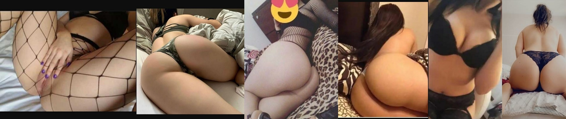 Collage of women in lingerie seen from behind, posed on beds in various poses.