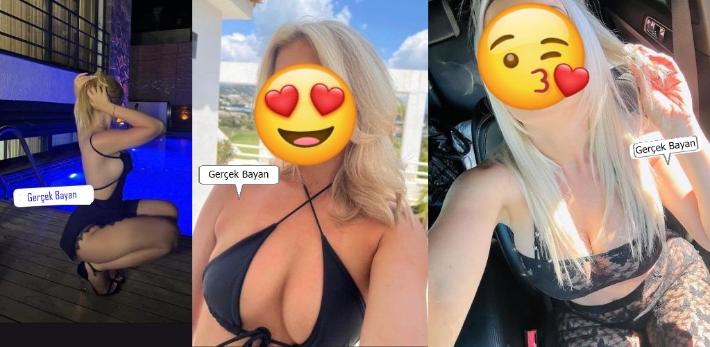 Three-panel collage of a blonde woman in bikinis posing by pool, balcony, and car; faces covered by emoji; label 'Gerçek Bayan'