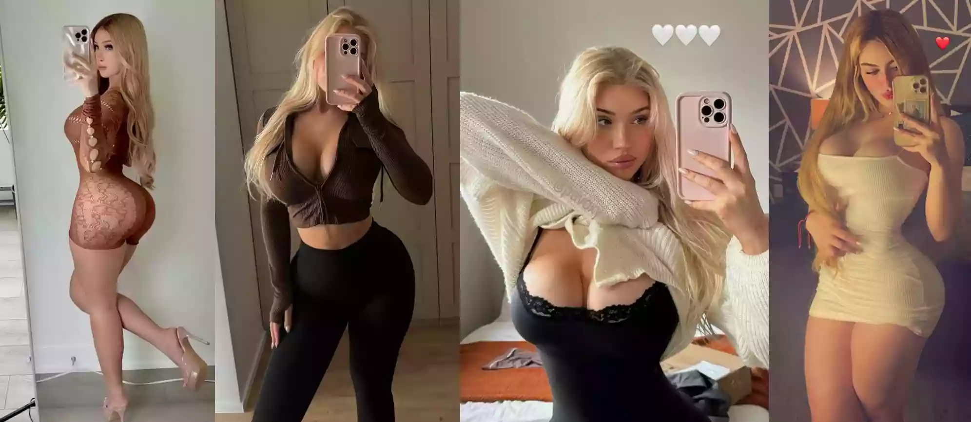 Collage of four mirror selfies: blonde woman in revealing outfits posing in each photo.
