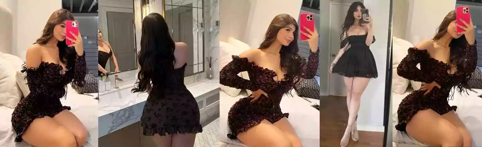 Collage of a woman in a black off-shoulder frilled dress posing in a bathroom and by a bed, taking selfies with a pink phone.